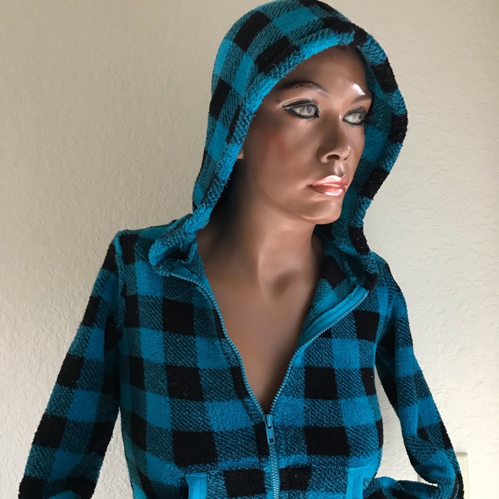 Cozy Blue & Black Plaid Fleece HOODIE JACKET XS